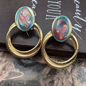 Vintage Gold Tone Resin Hoop Drop Earrings 80s 90s Statement